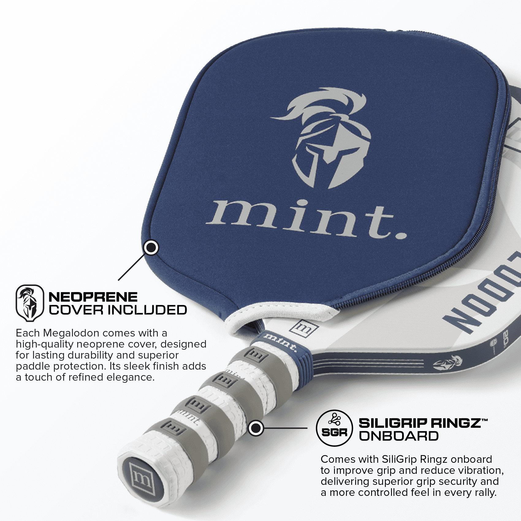 Mint Sport Megalodon Pickleball Paddle, 18K Carbon Fiber Face, 20mm Polypropylene Honeycomb Core, Elongated Handle, USAPA Approved