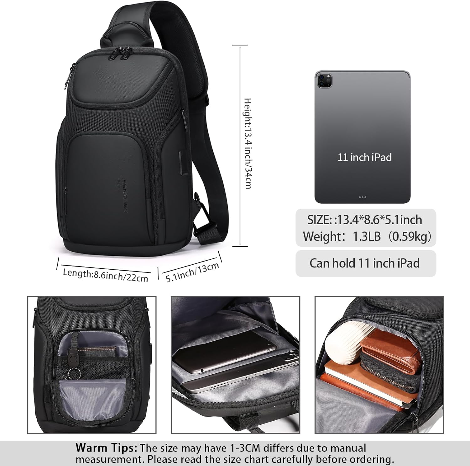 FENRUIEN Sling Bag Crossbody Backpack with USB Charging Port,Black