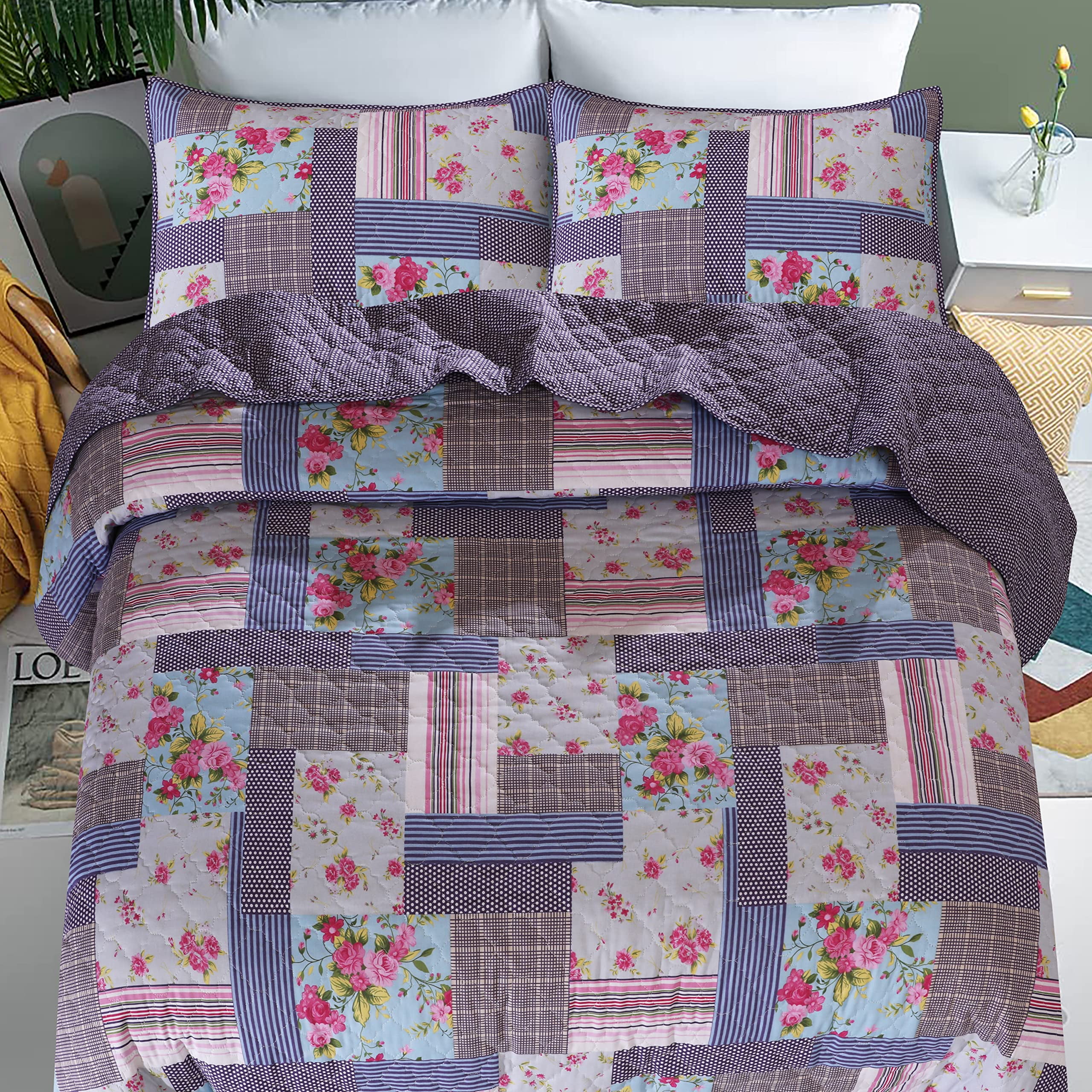 RUVANTI 100% Cotton 3 Pcs Quilt Set Queen/Full Bedspreads, Lightweight Coverlet, Soft, Warm Comforter. All Season Quilts Queen Size Set Include Quilt & 2 Pillowcovers, Reversible Pink Rose Design