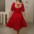 thumbnail image 4 of AURA Plus Size Womens Red V Neck High Waist Midi Dress Short Sleeve Ruched A Line Knitted Commuter Summer, 4 of 5
