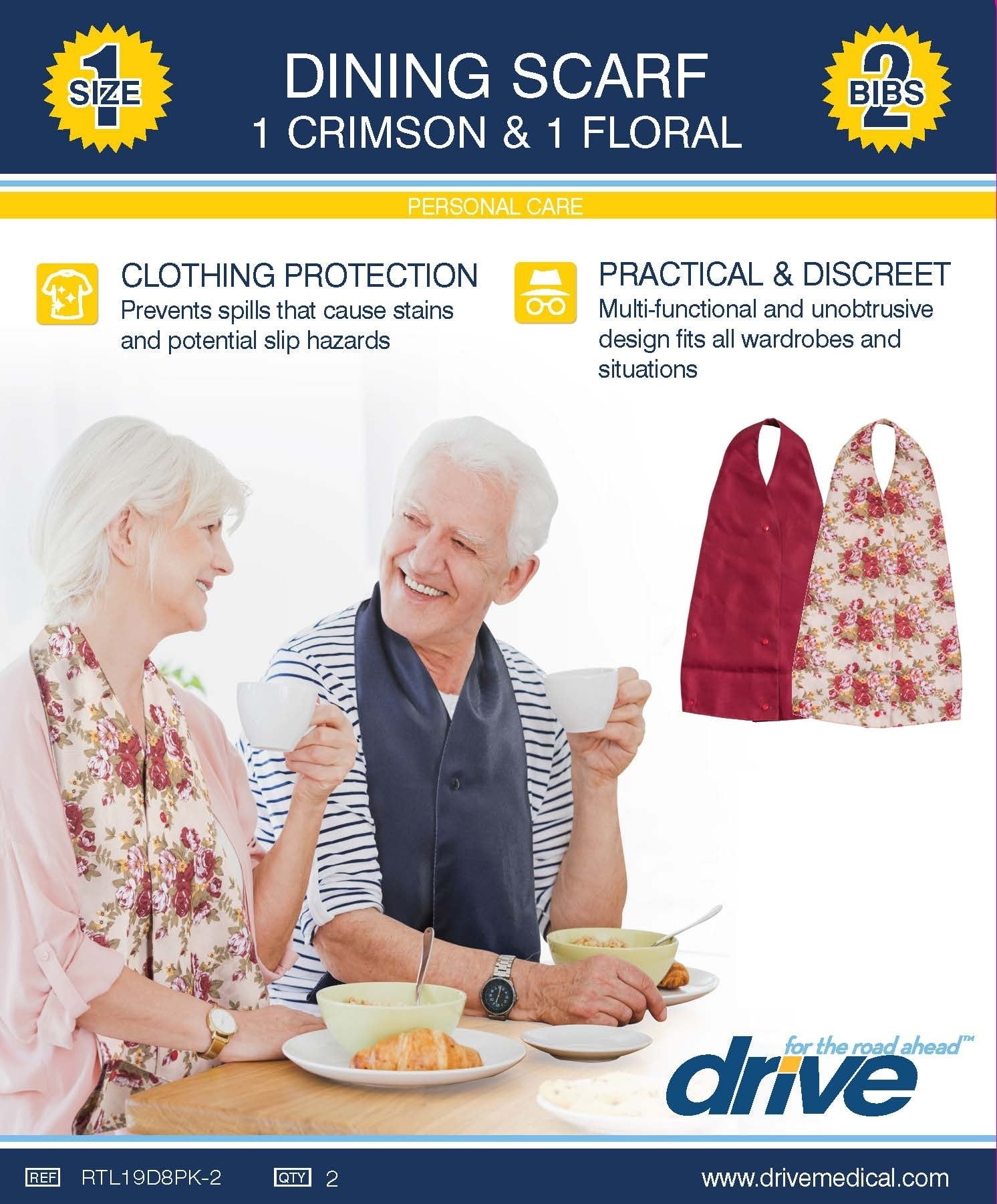 Drive Medical Adult Dining Bibs 2-Pack - Floral/Pink Water Resistant Scarf Style Bibs