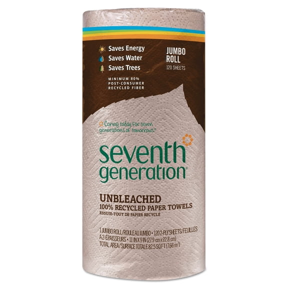 Seventh Generation Natural Unbleached 100% Recycled Paper Towel Rolls, 11 x 9, 120 Sheets/Roll