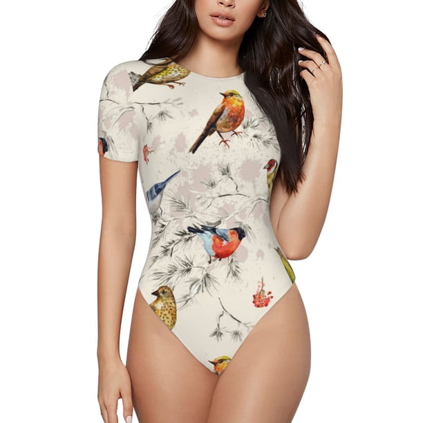 Fotbe Little Birds Body de Mujer con Cuello Redondo y Mangas Cortas, Sin Mangas Ajustado, Suave, Cómodo y Básico-Small