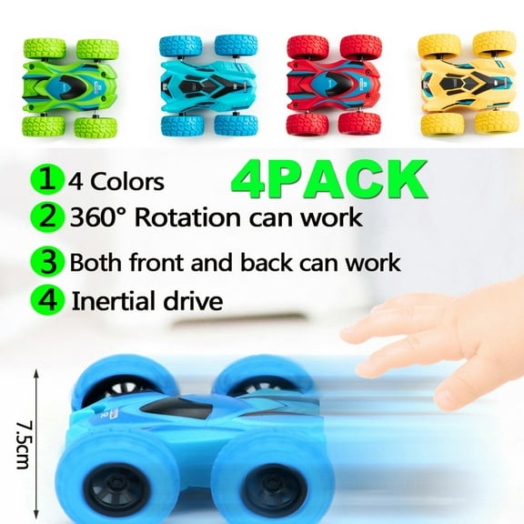 KingShop 4 Pack Push and Go Toy Cars Double-sided Friction Power Car Toys 360-degree Rotating Cross-country Stunt Toy Car Flip Inertia Car For Birthday Gift