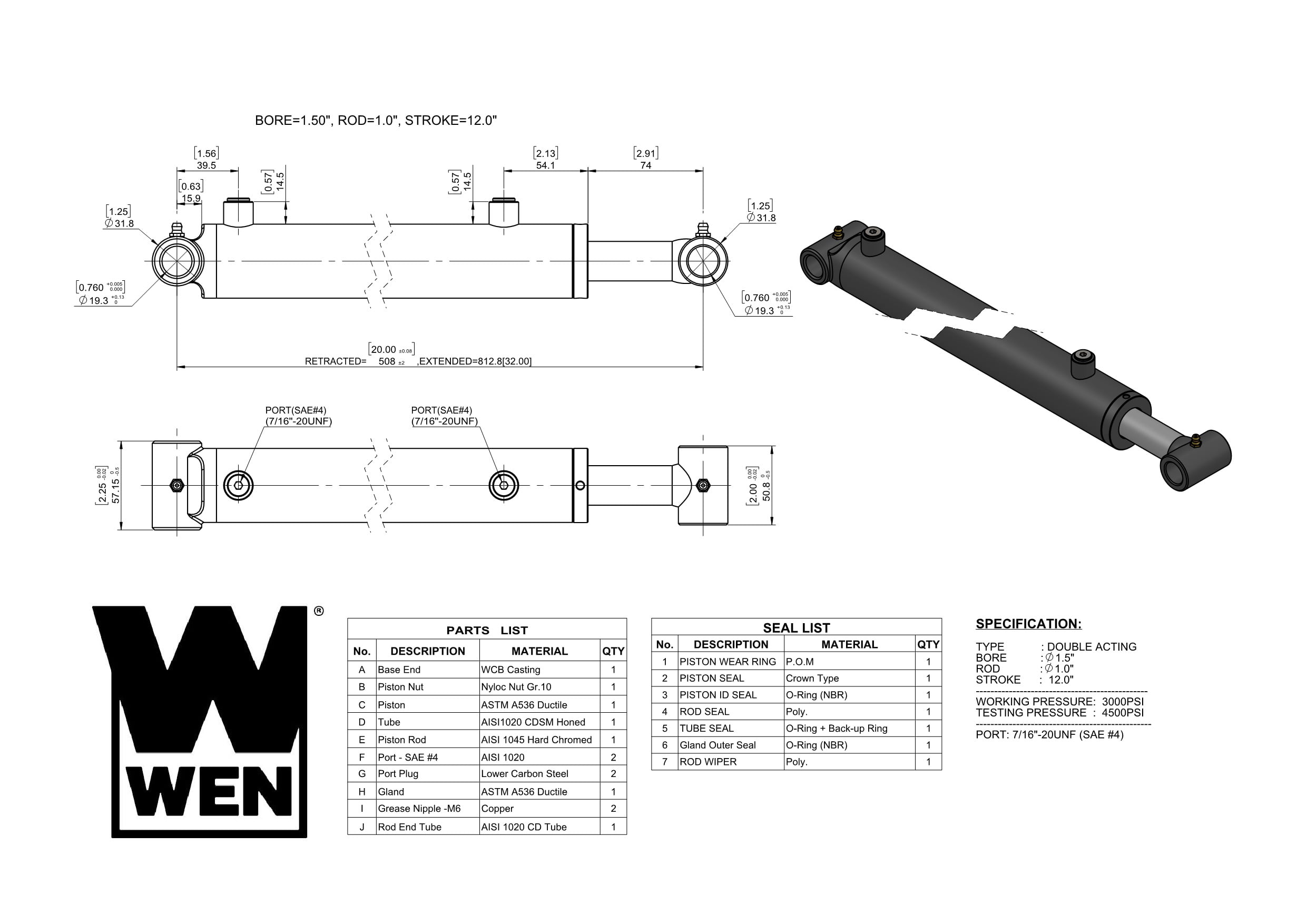 WEN Cross Tube Hydraulic Cylinder with 1.5-inch Bore and 12-inch Stroke