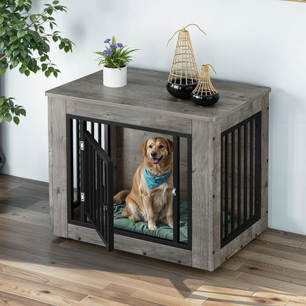 Uforic 2-in-1 Dog Crate Furniture, 30 in Iron-Wood Indoor Dog Cage Table with Steel Lock & Waterproof Top,Gray