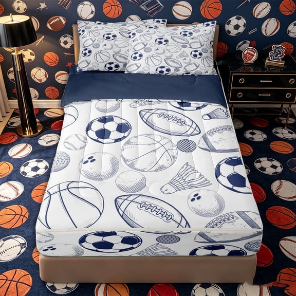 Castle Fairy Sport Soccer Football Basketball Zipper Twin Comforter Sets with Fitted Sheet and 2 Pillowcases, Vintage Ball Game Zipper Bedding Set, White Navy Blue,4-Piece,Navy Blue Reversible