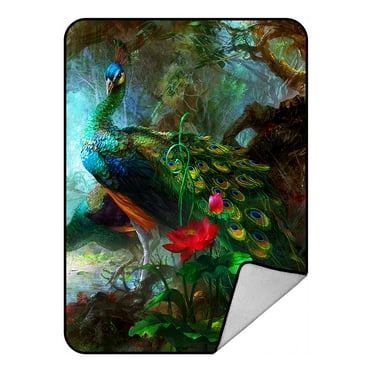 GCKG Charming Peacocks in the Jungle Fleece Blanket Crystal Velvet Front and Lambswool Sherpa Fleece Back Throw Blanket 58x80inches