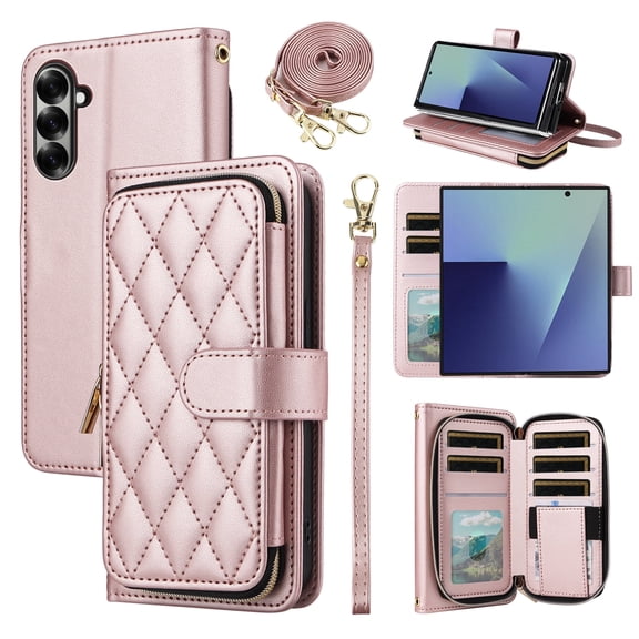 Furiet Argyle Wallet Case for Samsung Galaxy Z Fold 7 5G 2025 with Wrist/Shoulder Strap Card Slot Zipper Purse Luxury PU Leather Stand Cell Phone Cover for ZFold7 Z7 G Fold7 7Z Women Girls Rose Gold