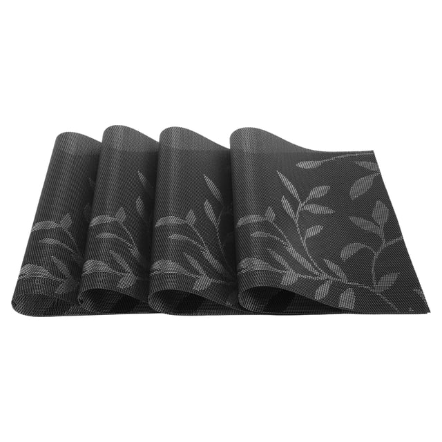 4 Piezas de Manteles Individuales con Patrón de Hojas, Manteles de PVC PET para la Mesa de Comedor, Manteles Lavables Negros