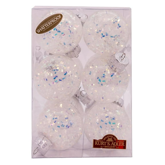 Kurt Adler 60MM 6pc Shatterproof Iridescent Glittered Ball Ornaments