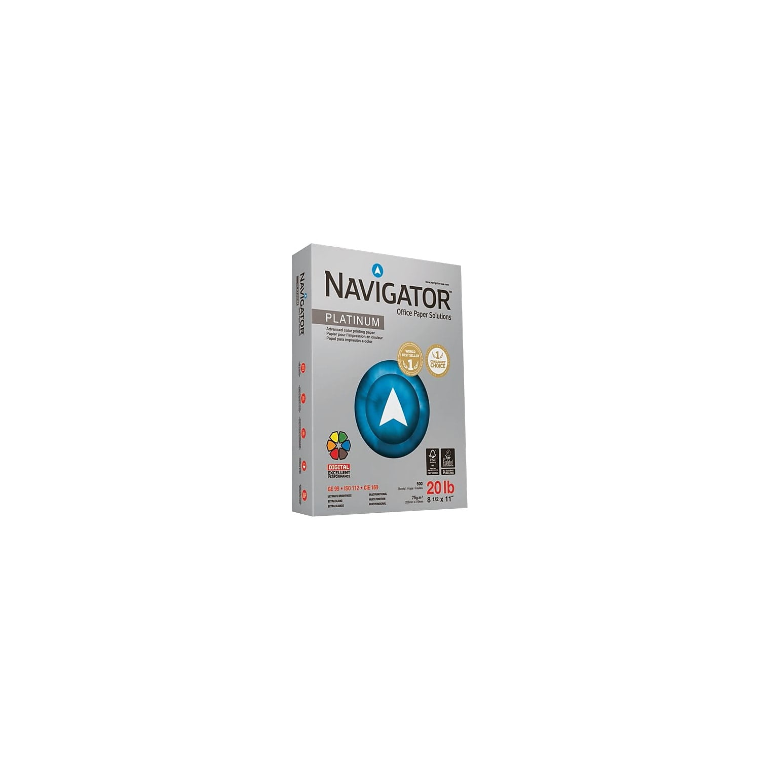 Navigator Platinum Paper, 99 Brightness, 20 lb., 8-1/2" x 11", White, 2500 Per Carton