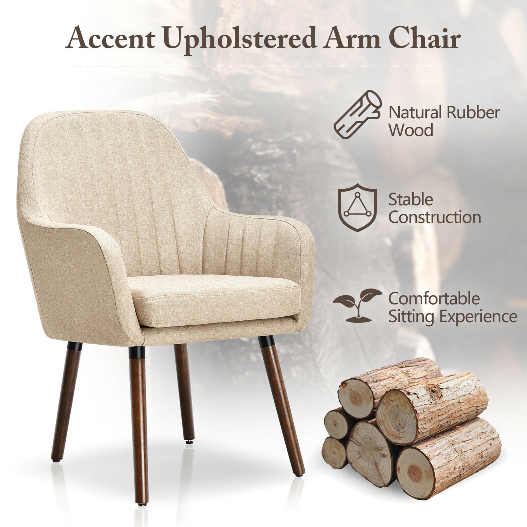 Gymax Set of 2 Accent Chairs Fabric Upholstered Armchairs w/Wooden Legs Beige