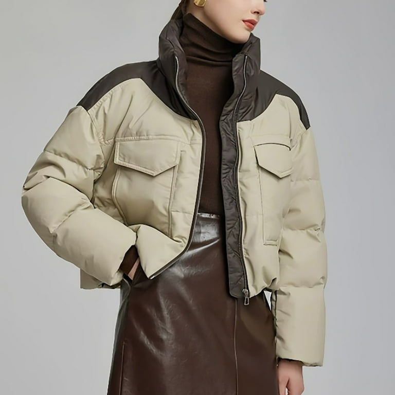 Women's Winter Cropped Puffer Jacket, Long Sleeve Oversized Stand