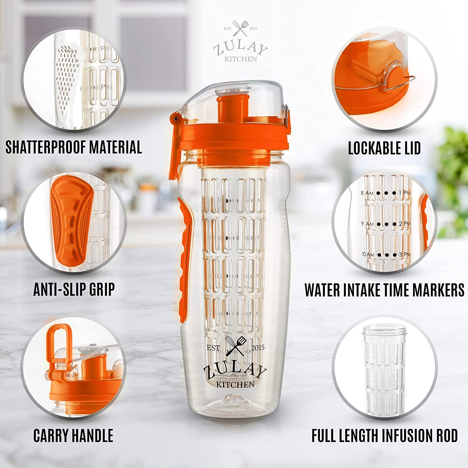 Zulay Kitchen Portable Water Bottle with Fruit Infuser 34 oz - Sunrise Orange - image 2 of 9
