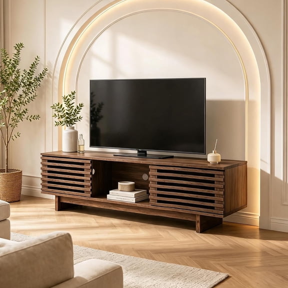 63 Inch Mid Century TV Stand for TVs Up to 70 Inch, Entertainment Center with Sliding Door Storage Cabinet, Media Console Table for Living Room Bedroom Apartment