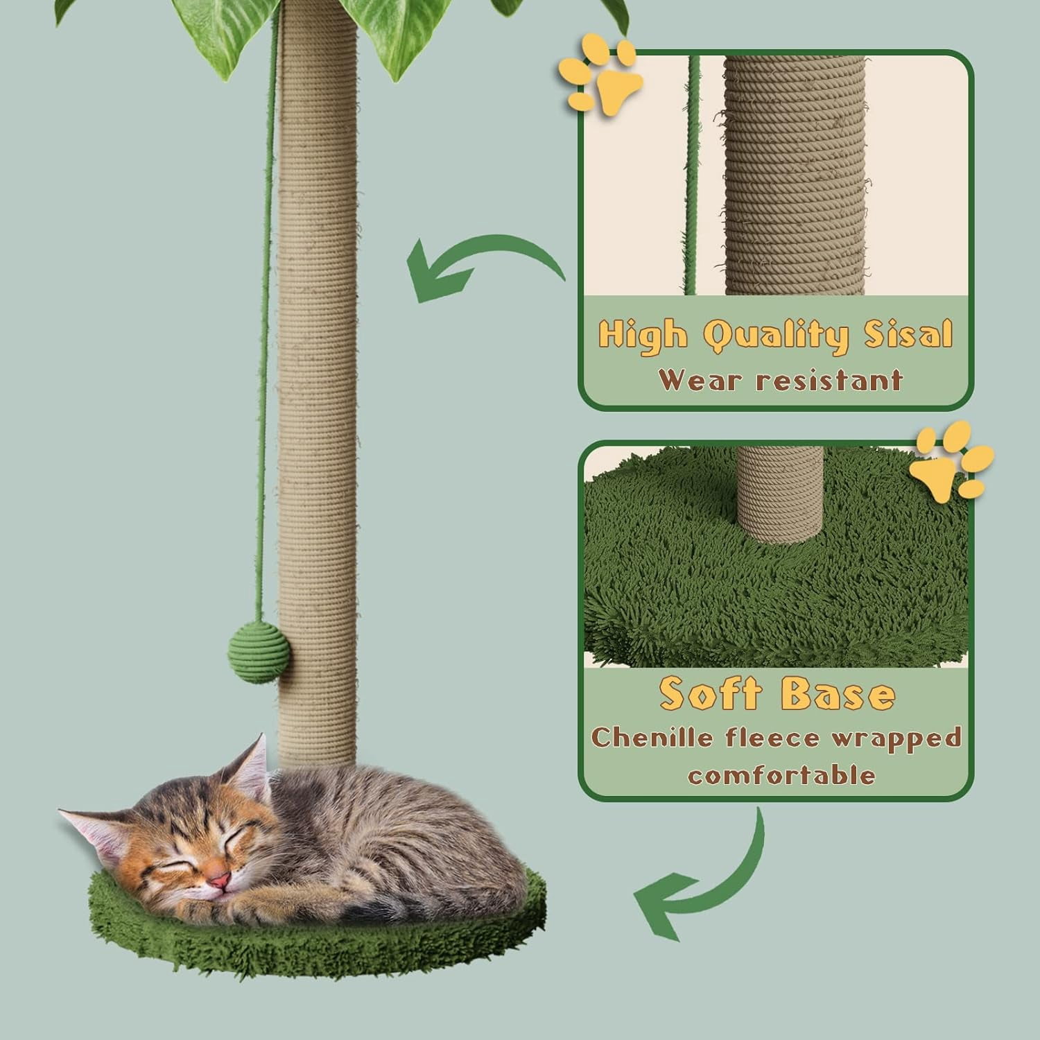 Cat Scratching Post for Indoor Cats, 33.5" H Sisal Rope Scratching Posts with Simulated Leaves, Kitten Scratcher with Soft Platform and Hanging Ball - 1 Cat Teasing Stick and 2 Catnip