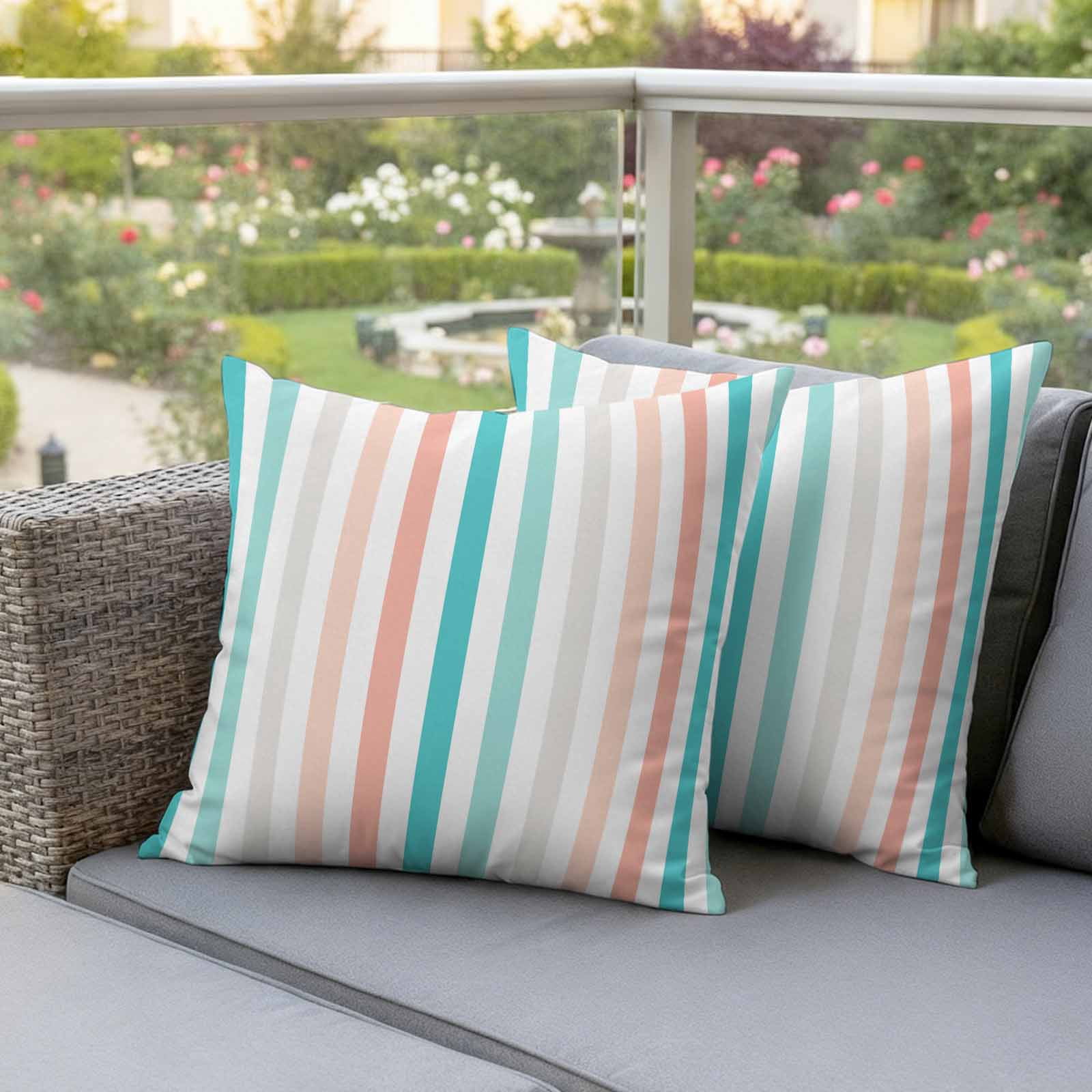 Aqua Teal Stripe Outdoor Waterproof Pillow Covers, Geometric Grey White Vertical Striped Decorative Square Throw Pillowcase Sofa Cushion Sham for Patio/Couch/Chair, 18"x18" 2 Pack