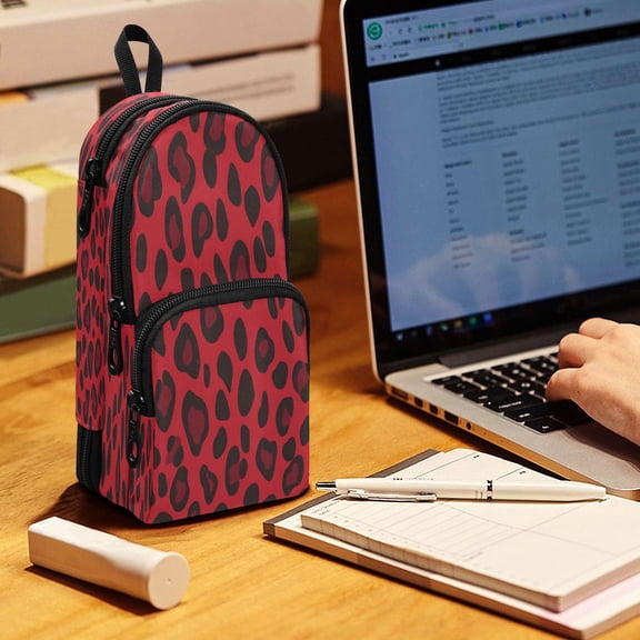 Backpack Pencil Case, 3 Compartment Large Capacity Oxford Fabric Pencil Pouch / Red Black Tonal Leopard Print