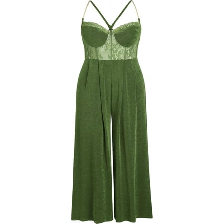XiaoBanDeng Women s Solid Lace Corset Chain Cross Wide Leg Jumpsuit Plus Size