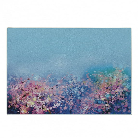 Flower Cutting Board, Retro Cherry Blossom Petal Perennial Herb Botanic Habitat Natural Life Spring Season, Decorative Tempered Glass Cutting and Serving Board, Small Size, Pink Blue, by Ambesonne