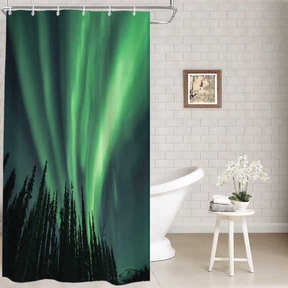 Hunter Green Northern Lights Decor Shower Curtain, Amazing Black Aurora Borealis Bathroom Decor Polyester Fiber Plastic Rings Quick-Drying Waterproof for Bathtubs/Bathroom, 72x36 inches