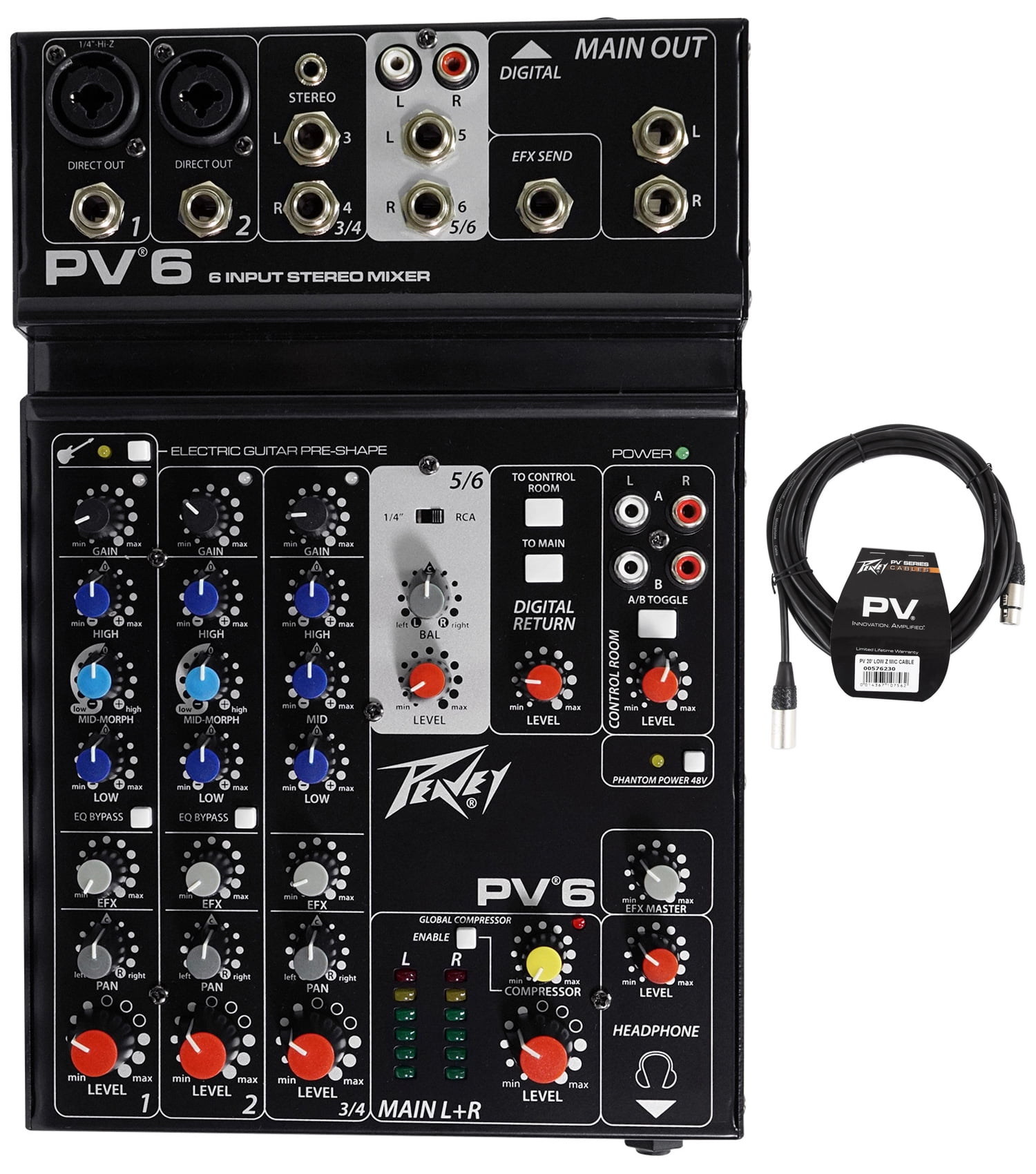 Peavey PV6 PV 6 Pro Audio Mixer with 2 Mic In, USB, Compressor/Effects