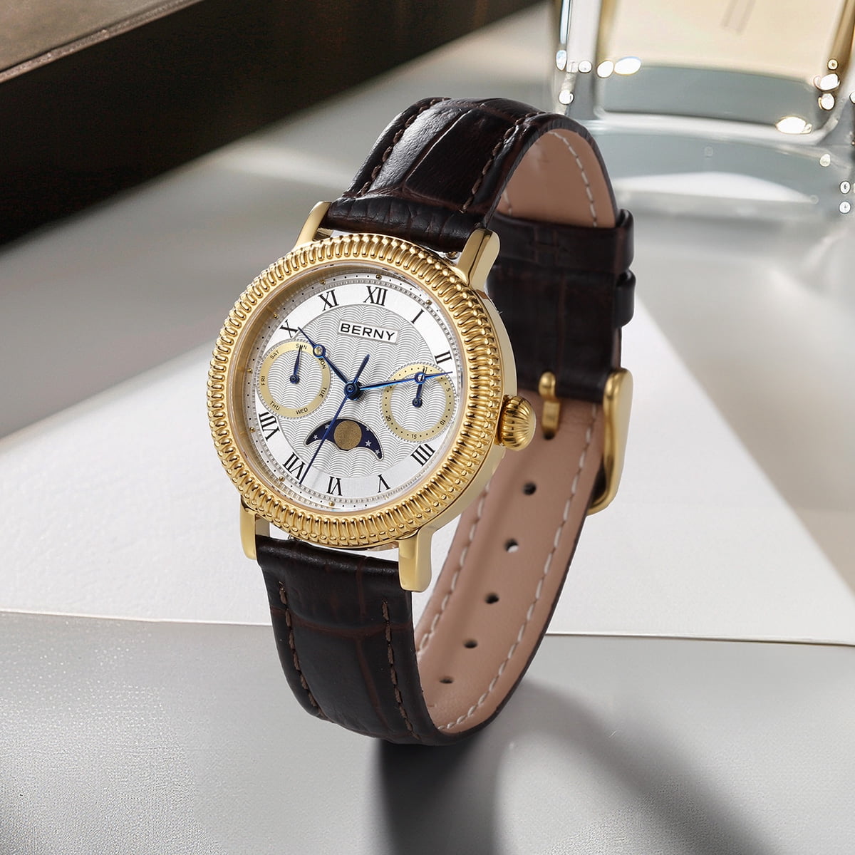BERNY Womens Leather Watch, Vintage Roman Numerals Luxury Moon Phase Watch with Day & Date, Stainless Steel, Sapphire Crystal, Waterproof, Fashion Dress Analog Quartz Wrist Watches for Women (Gold)