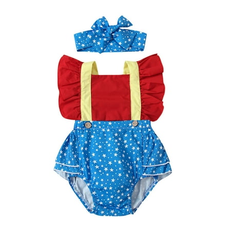 

Infant Baby Girls Ruffle Star Printed Backless Romper Bodysuit+Headbands Outfits