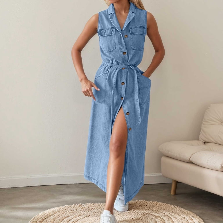 chinese dress ladies Pansy Scoop Neck Flounce Hem Maxi Dress Denim Selfie Leslie