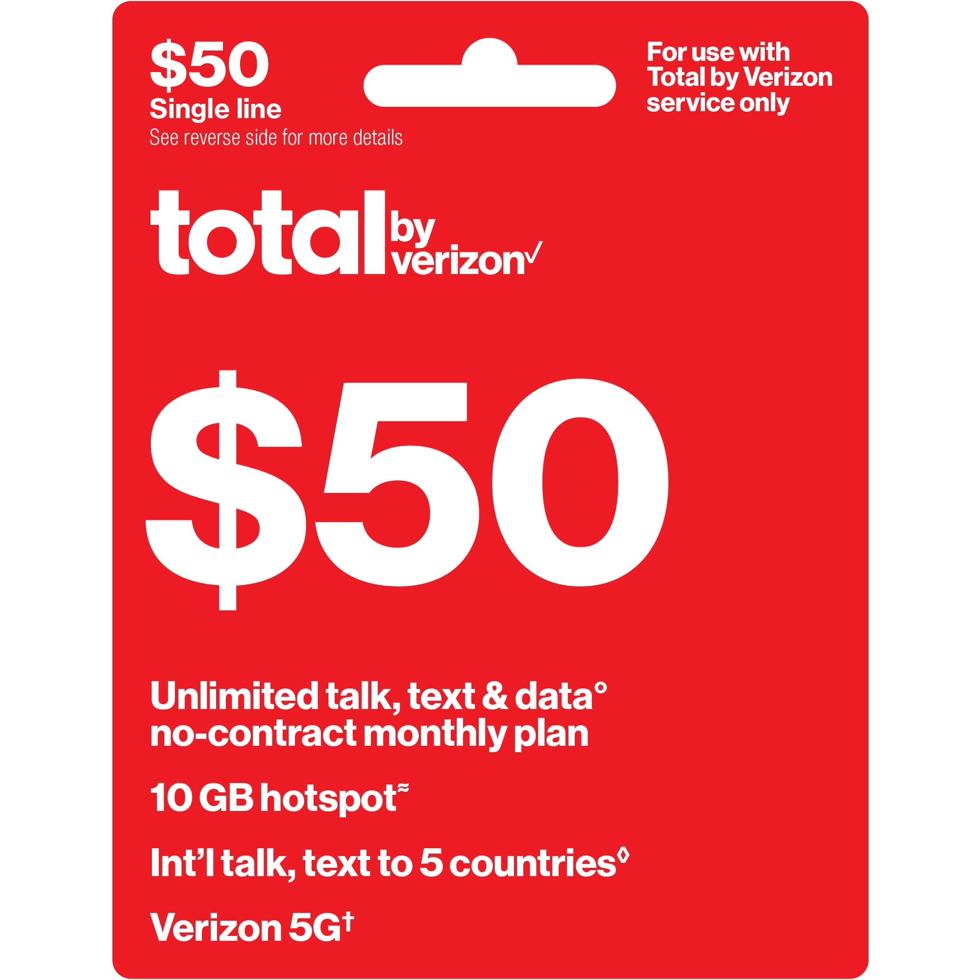 Total by Verizon $50 No-Contract Single-Device Unlimited Talk, Text & Data Plan + 10GB Hotspot Data & Int'l Calling Direct Top Up