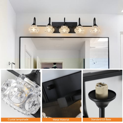 Hi-LIGHTS,Retro 5-Light Bathroom Vanity Light Fixture with Crystal Glass Shades(Bulbs Not Included),Wall Mounted Lighting for Bathroom,Dressing Room,Powder Room and Vanity Mirror(Black）
