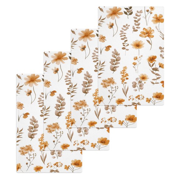Brown Spring Floral Kitchen Dish Towels for Drying Dishes Set of 4, Flowers Botanical Elegant Pastoral Waffle Weave Microfiber Hand Tea Bathroom Towels Quick Dry & Absorbent Towel 15.7x23.6