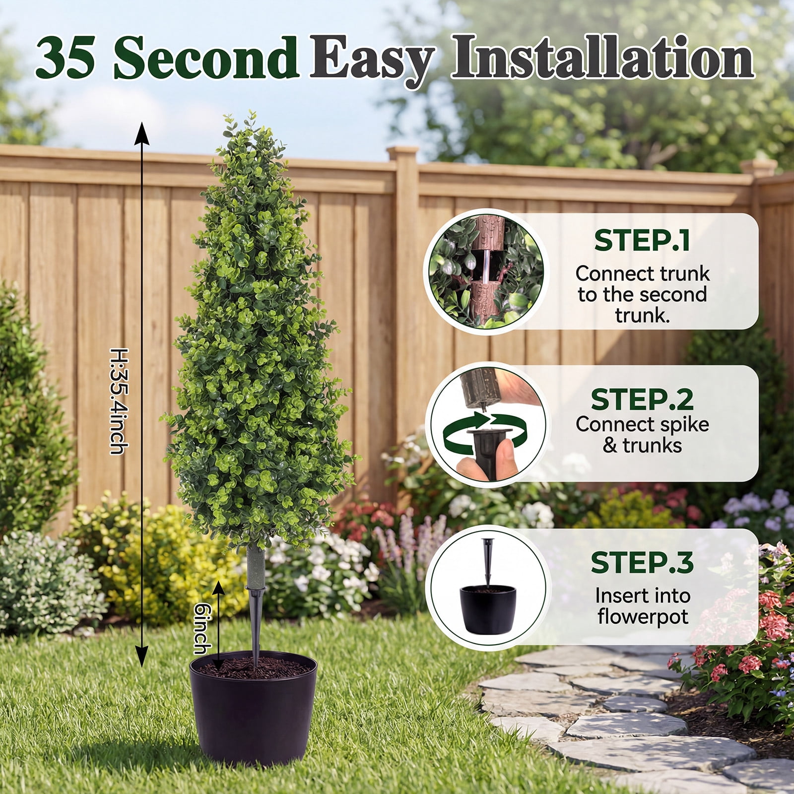 THE BRIVE 3ft Green Money Grass Cone Topiary Trees,Set of 2 UV Resistant Artificial Eucalyptus with Ground Spike, Realistic Shrubs for Outdoor Front Porch Patio Garden Decor