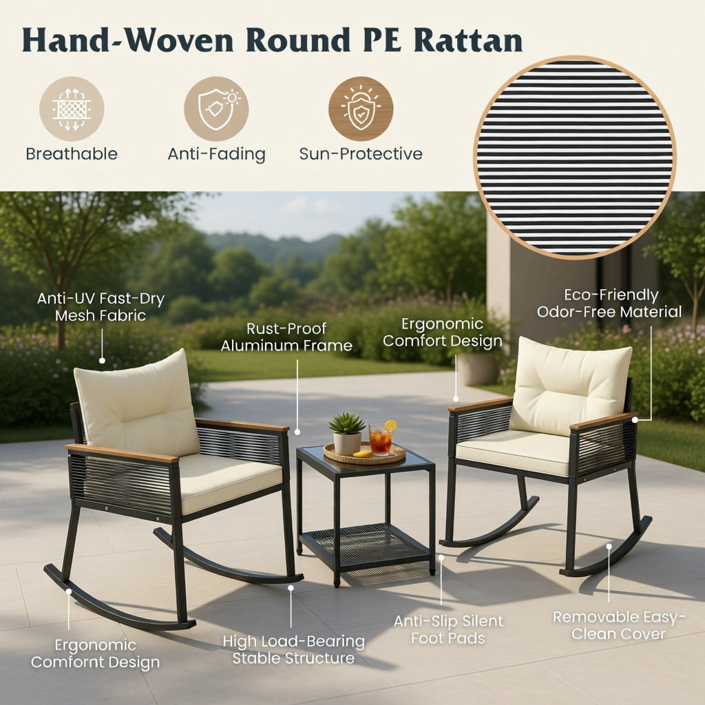 Hommoo 3-Piece PE Rattan Outdoor Rocking Bistro Set with Cushions, Tempered Glass 2-Tier Coffee Table & Acacia Wood Armrests for Patio, Porch, or Garden, Black