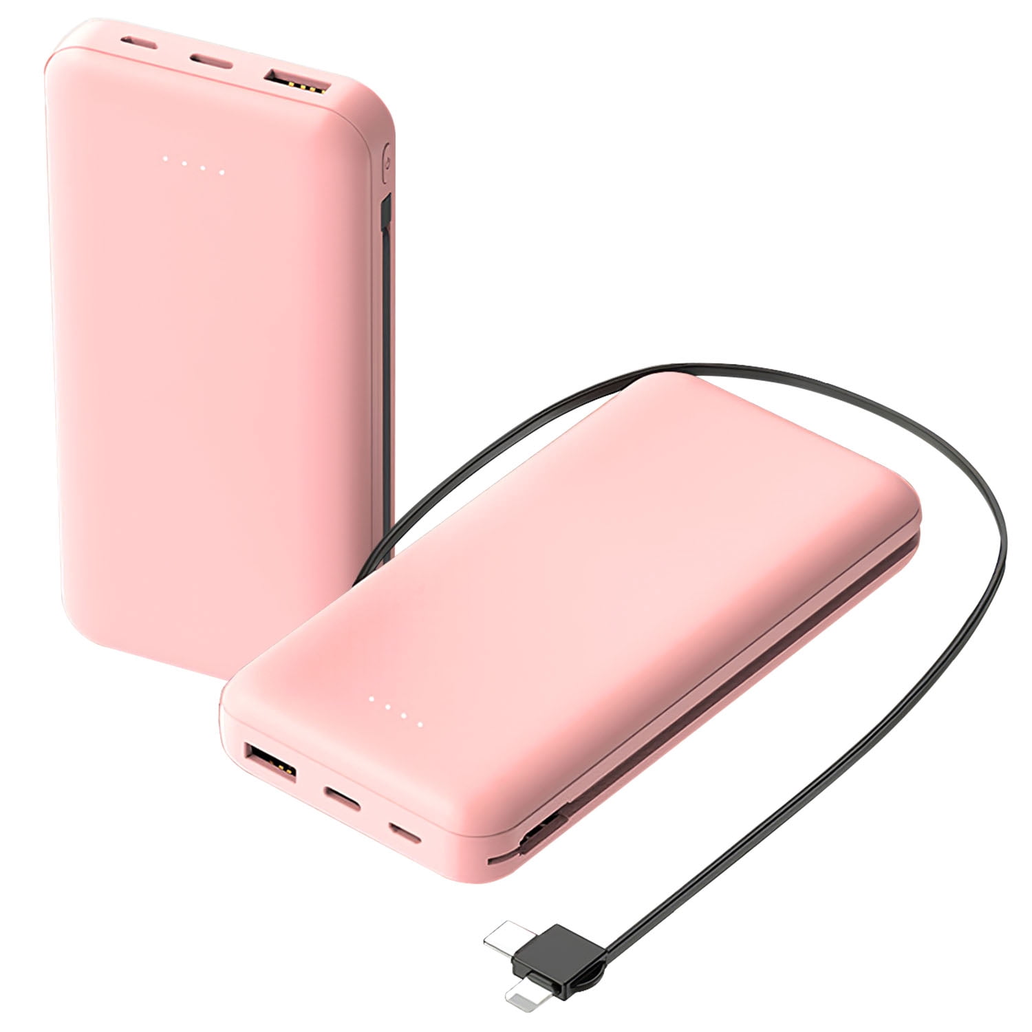 Portable 10000mAh Power Bank  External Battery Pack Phone Charger with LT Type-C Double-ended Cable Pink