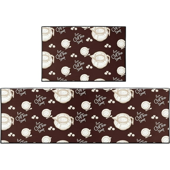 Cafe Cup Brown Kitchen Mat Retro Kitchen Rugs Sets of 2, Non-Slip Coffee Vintage Kitchen Floor Mats for in Front of Sink Kitchen Decor for Dining Room, Floor Home, Office, Sink, Laundry
