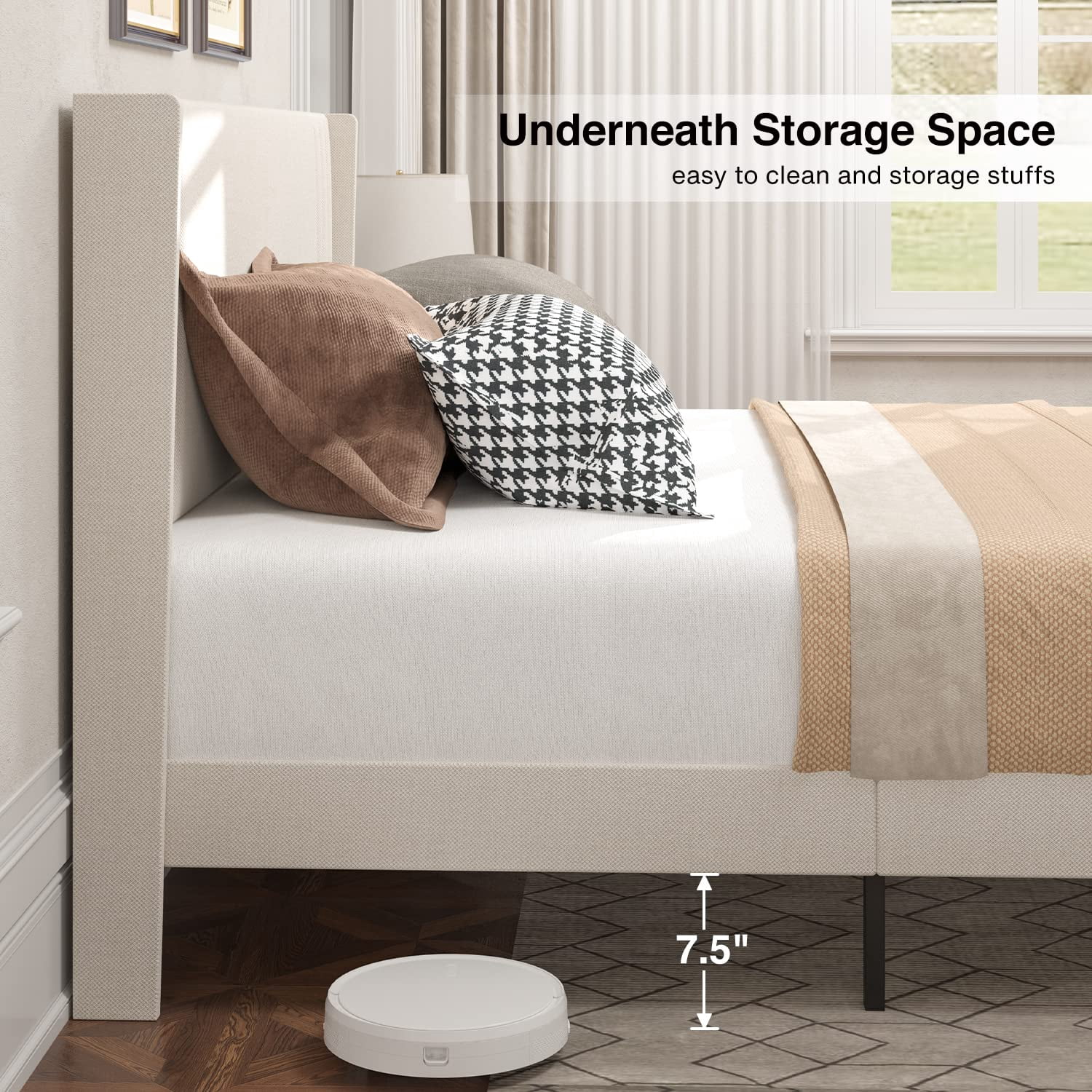 Full Size Bed Frame, Metal Platform Bed Frame with Wingback Headboard Hold 850 lbs, Beige