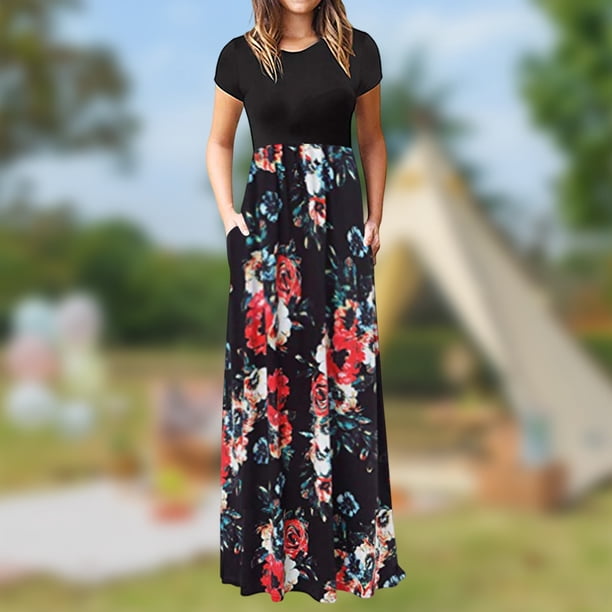 Vestido De Verano De Las Mujeres Vestido de playa Estilo bohemio Ajuste holgado Manga corta Traje diario (Negro XL) Cgtredaw Para estrenar
