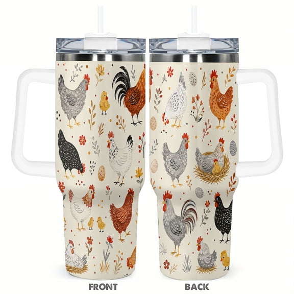 Farmhouse Chicken Rooster 40oz Insulated Tumbler with Handle and Straw Travel Coffee Cup Car Cup Gift for Women