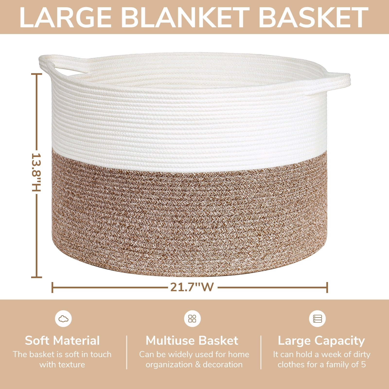 Timeyard Large Woven Laundry Hamper Basket - Decorative Storage Organizer for Living Room, Holds Toys Pillows Blankets Clothes - 21.7" x 21.7" x 13.8"-Brown
