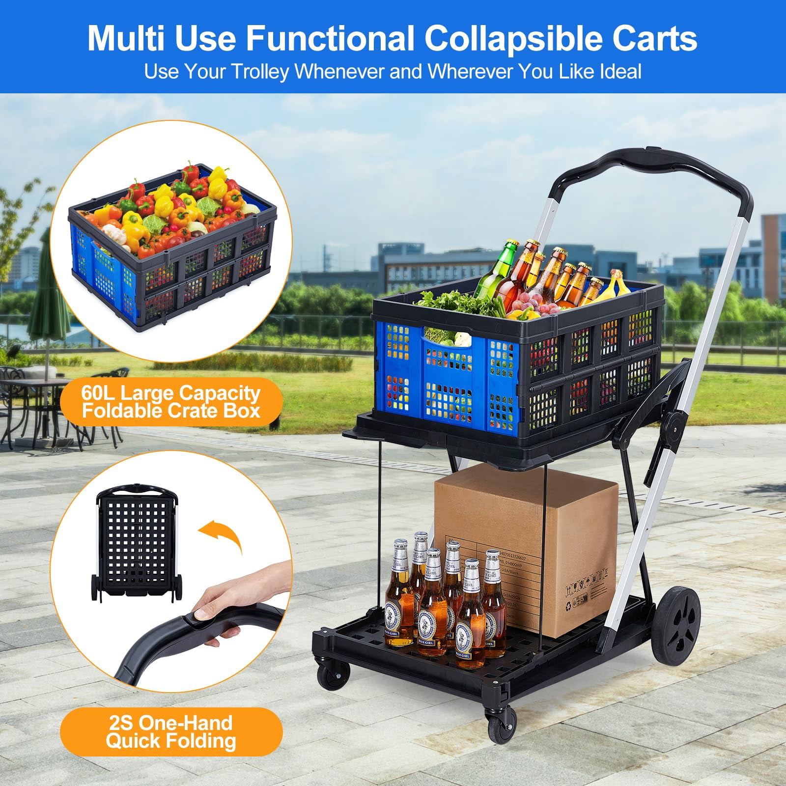 Folding Shopping Cart with Removable Storage Crate or 2 In 1 Folding Hand Truck Dolly with Removable Storage Crate or only 1 Portable Storage Basket for Home, Groceries, Supermarket