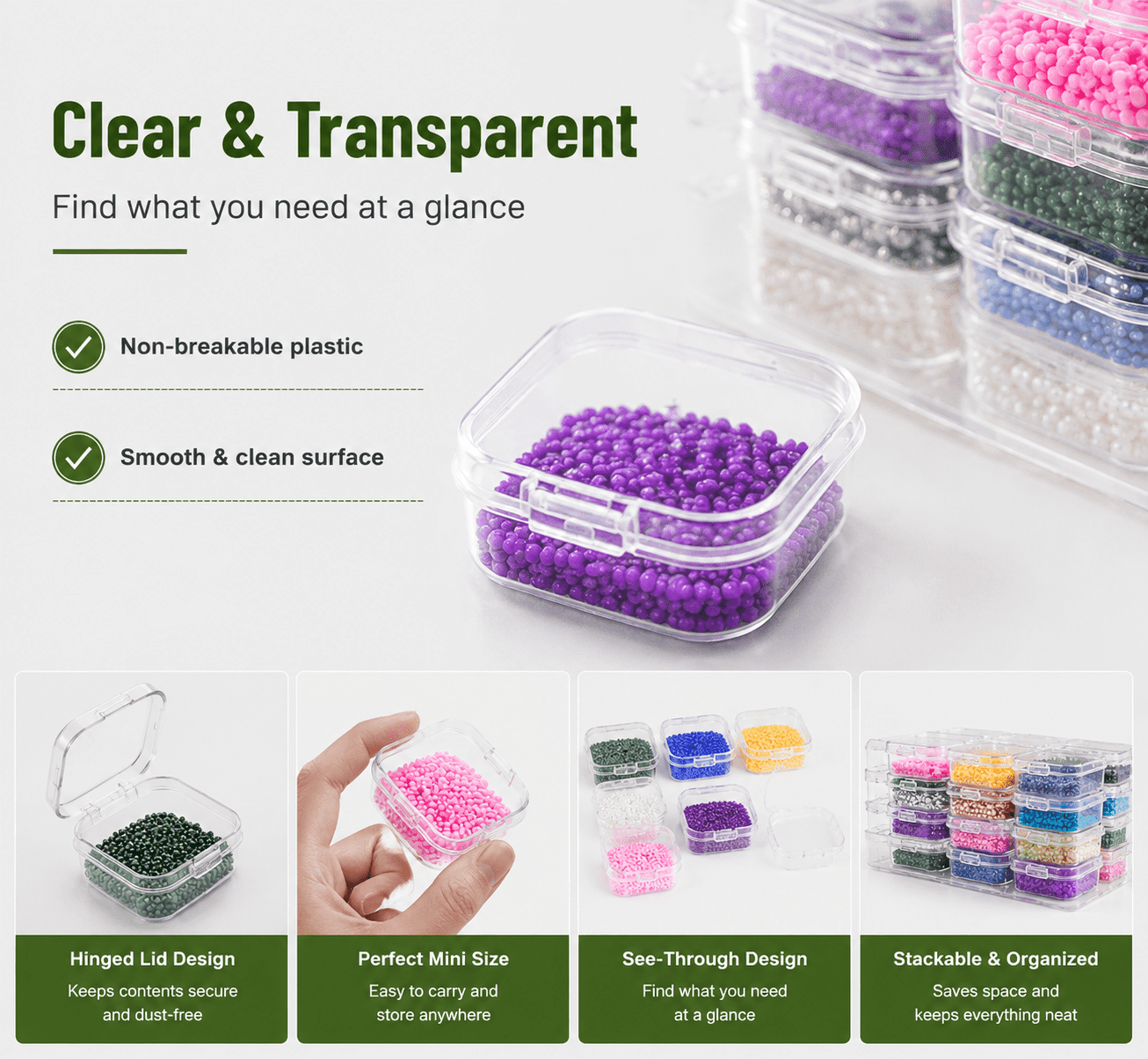 62-Piece Clear Bead Organizer Boxes with Hinged Lids – Mini Plastic Storage Containers for Jewelry, Seed Beads, Bracelets, Diamond Painting, and DIY Crafts
