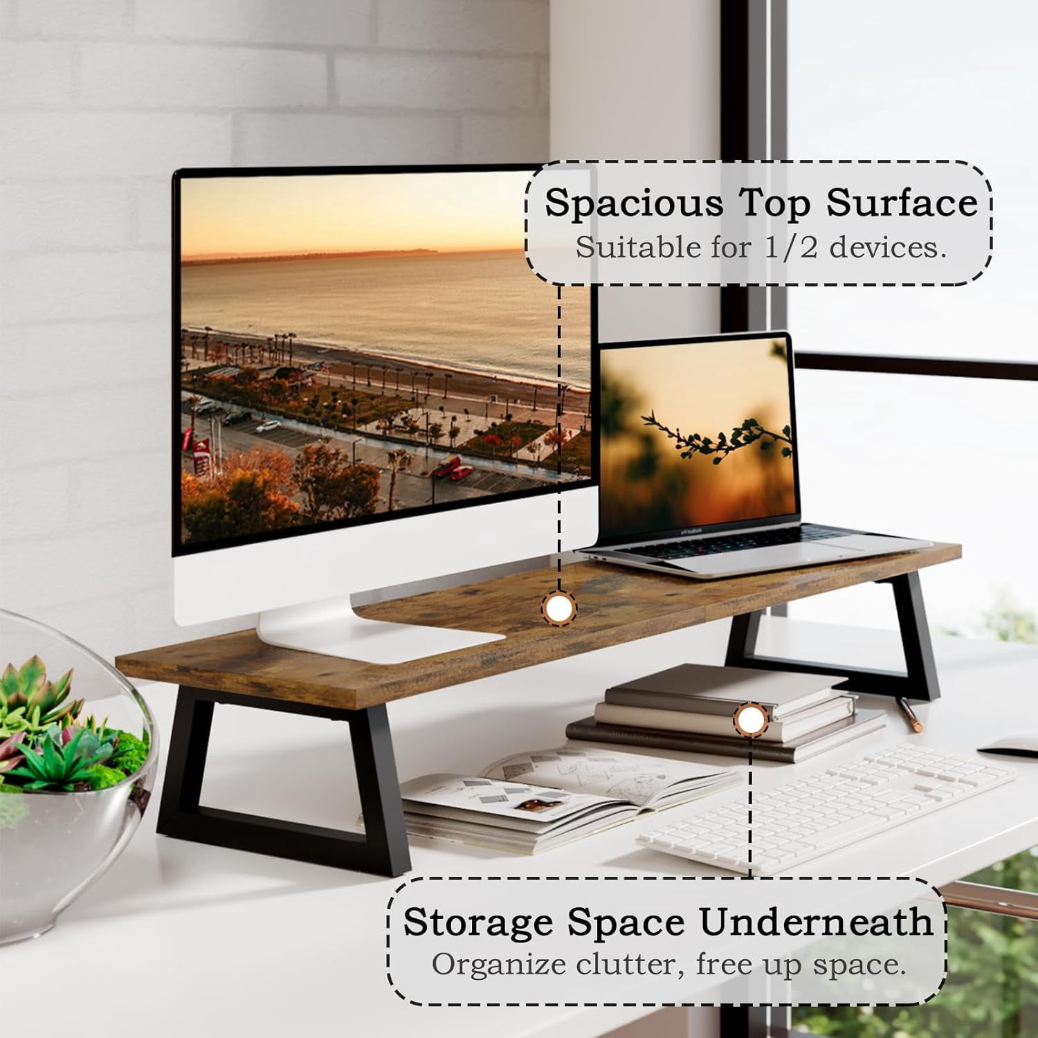 31.5 Inch Dual Monitor Riser Stand for Desk Organization with Storage Shelf