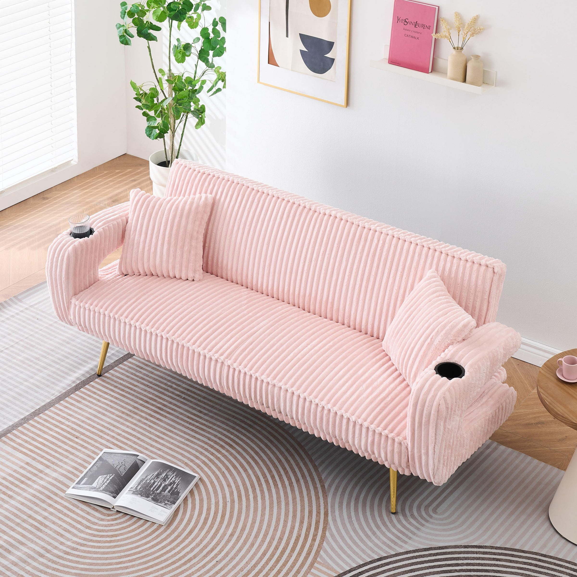 Corduroy Futon Sofa Bed with Pillows,74 inch Modern Convertible Loveseat Sleeper Bed with Adjustable Backrest for Living Room,Pink