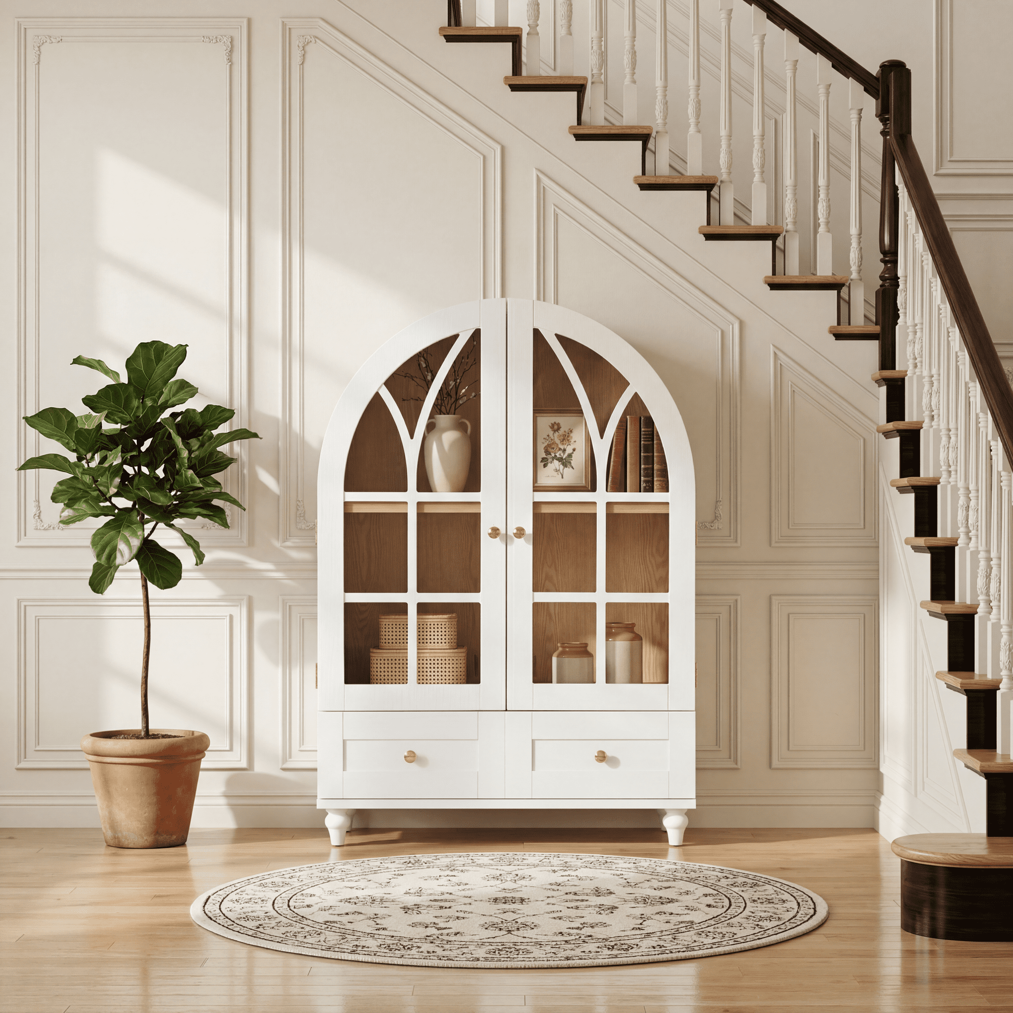 Leumius Arched Display Cabinet with Tempered Glass Doors,Wood Storage Cabinet with Natural Wood Grain Finish, Solid Wood Legs Accent Cabinet with Drawers for Living Room Dining Room Office White