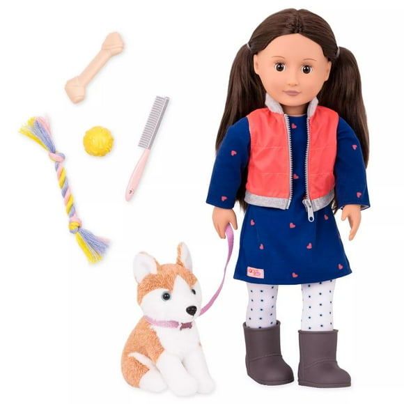 Our Generation Adorable 18 Inch Doll Leslie and Plush Puppy Pet Husky Toy Set for Girls (New Open Box)
