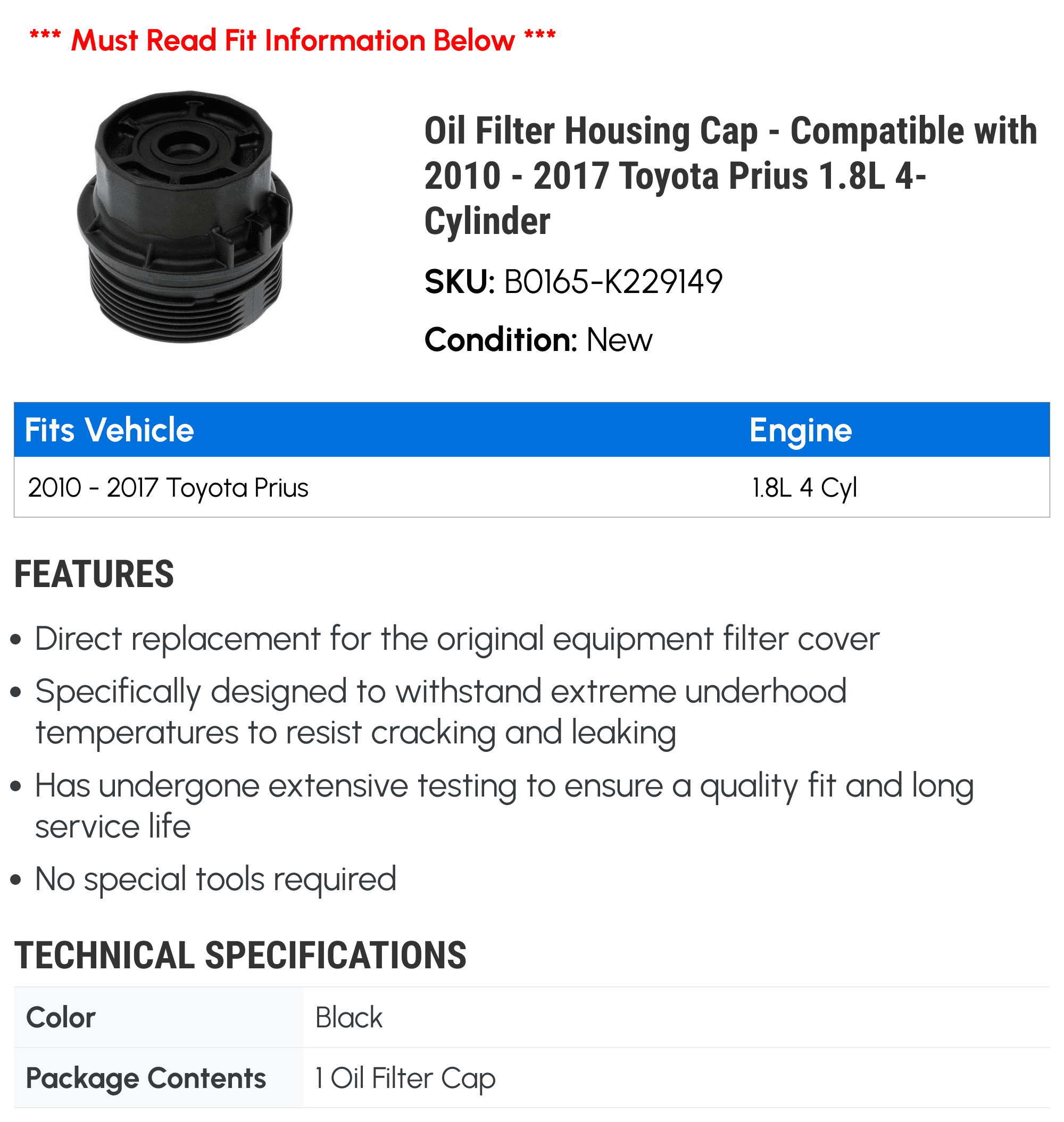 Oil Filter Housing Cap - Compatible with 2010 - 2017 Toyota Prius 1.8L 4-Cylinder - Dorman