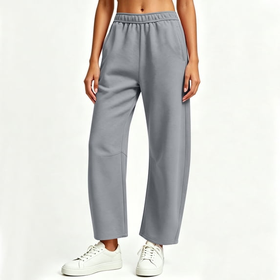 Riecok Barrel Leg Sweatpants Women Elastic High Waist Fleece Pants Pull on Wide Leg Sweat Pant Workout Winter Trouser with Pockets Gray 2XL