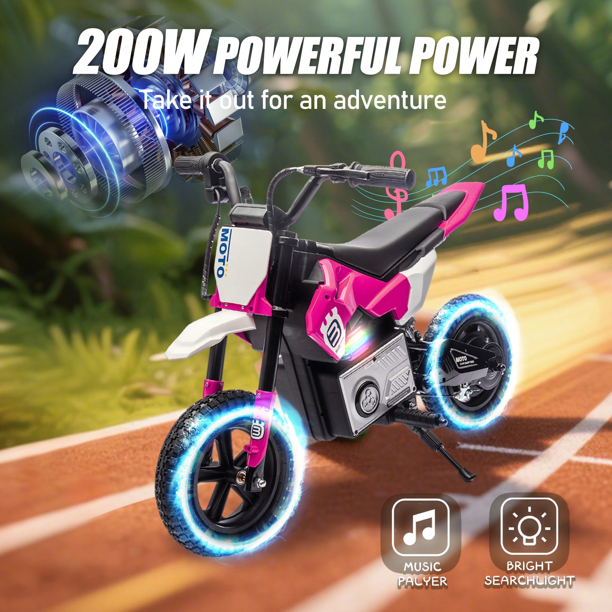 Okybaby 24V Kids Ride On Electric Dirt Bike, 200W High Speed Hub Electric Motorcycle, Max Speed 10MPH, Rear Spring Suspension, Kids Motorbike with Bluetooth&Horn For Kids Aged 5-15,Pink